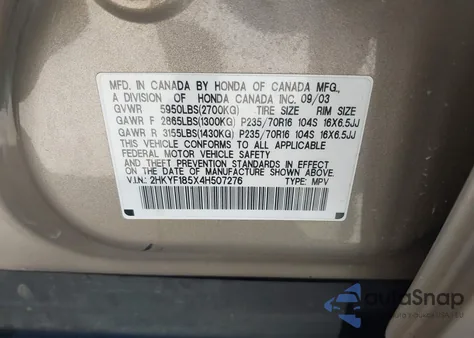 2004 Honda Pilot Ex-L из США, поврежденный, VIN 2HKYF185X4H507276